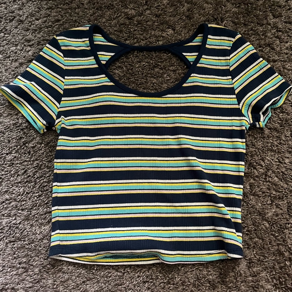 SO Blue and White Crop Cut Out T-Shirt